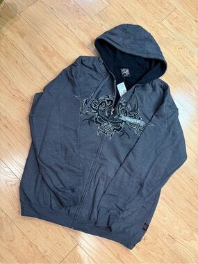 Top Heavy Skull Tribal Graphic Full Zip Hoodie Gray Y2K Tattoo Men L NWT Vint